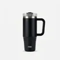 Detail of a 40oz black matte stainless steel insulated tumbler with a sturdy handle and straw - Agate Black