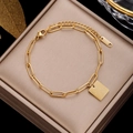 Golden stainless steel Good Luck charm bracelet with adjustable square pendant chain - Gold Square Pendant with 'Good Luck' Engraving
