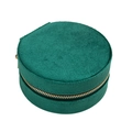 Portable round dark green velvet jewelry travel case with secure gold zipper closure - Round / Green