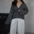 Elegant dark grey V-neck knit cardigan with long sleeves paired with white trousers - S / Dark Gray