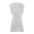 Detail of silver sequined mini dress featuring padded shoulders and shimmering fabric - White