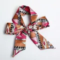 Bow-tied long silk ribbon hair scarf with pink and grey geometric patterns on white background - S35-Multi Color Abstract Geometric