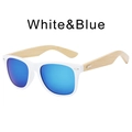 Classic white square frame sunglasses with blue mirrored lenses and natural bamboo temples - Solid White Frame / Blue Film