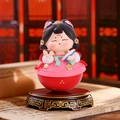 Tang Dynasty tumbler doll in pink dress with book and pen on ornate wood base - 1088-49 Wan Juan / M