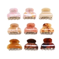 Set of 9 small acetate claw clips featuring leopard print and marble textures for women - 9Pcs Set