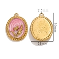 30mm golden stainless steel oval pendant with pink enamel tulip relief and dimensions - Oval Floral Relief Pendant / Pink