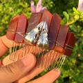 Handcrafted crystal hair comb with red stones and silver crow skull gothic design - Red Agate + Silver Crow Skull