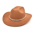 Sombrero fedora de lana color caramelo con ala ancha y detalle de cadena dorada chic - Caqui / M(56-58cm)