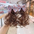 Set de pinzas para el cabello con lazos de cuadros rosas y azules y trenzas rizadas marrones - Peluca de Cuadros Rosa y Morado (Pinza de Pelo 024-Trenza)