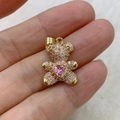 Golden bear pendant with pink zircons and heart gemstone for DIY jewelry necklace - Pink
