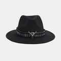 Detalle de sombrero fieltro negro con banda tejida de colores y hebilla de cráneo de toro - M (56-58cm) / Estilo de Hebilla de Cráneo de Toro de Metal Plateada