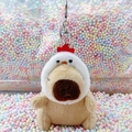 Plush brown capybara keychain wearing a white chicken hat on colorful foam balls - Chick Hat Light Brown + Silver Clip