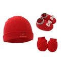 Detailed view of red baby set with cotton hat, bow shoes, and protective mittens - Red Bear - 3-Piece Set