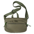 Front detail of army green nylon crossbody bag showing zip pocket and adjustable strap - Green
