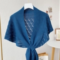 Elegant blue knit shawl scarf with lace hollow pattern and front knot tie design - Dark Cyan