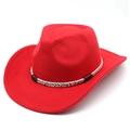 Detail of red cowboy felt hat featuring a woven decorative band and curved brim - M(56-58cm) / Red