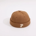 Close-up of brown canvas kids hat with white letter P embroidery on white background - Coffee / 1-4 Years