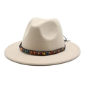 Detail of beige wool felt fedora featuring a colorful beaded band and metal spacers - L(58-60cm) / Beige
