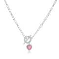 Detail of 18K gold plated OT clasp necklace with pink heart pendant and paperclip chain - White Gold With Ruby Red Zircon