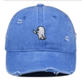 Detail of blue distressed denim cap with ghost embroidery and ripped vintage effects - One Size / Light Blue
