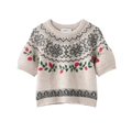 Maglia a maniche corte in maglia con motivi jacquard nordici e ricami floreali - S / Beige Multicolore