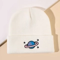Winter white knit beanie with colorful planet and stars embroidery for casual warmth - Embroidered Planet - White