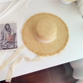 Natural raffia straw sun hat with white lace ribbon and frayed edges for beach vacations - Drawstring Flat Top Straw Hat