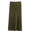 Detail of moss green satin midi skirt showing smooth silk-like texture and elastic waist - Dark Green
