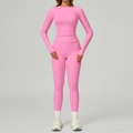 Yoga-Set in Pink mit Langarm-Top mit Raffung und High-Waist-Leggings mit Seitentaschen - S / Langarm + Lange Hose - Rosérosa