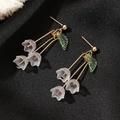 Elegant lily of the valley drop earrings with white petals and green leaves - Green Leaf Small Flower (0976)