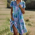 Damen-Kleid mit V-Ausschnitt, Kurzarm und blau-violettem Blumenmuster-Print - Blau