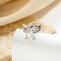 Silver bow stud earrings with square zircon pendant and flat back for cartilage piercing - White (Single Piece)