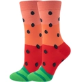 Detailed view of novelty mid-calf socks with vibrant watermelon pattern and striped texture - Gradient Red Watermelon