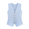 Light blue V-neck knit vest top with gold buttons and sleeveless design on plain background - S / Sky Blue