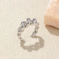 Detailed close-up of a silver twisted spiral open ring with polished metal texture - Adjustable Open / Shiny Silver Twist