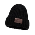 Winter black knit beanie with brown leather patch and thick warm ribbed texture - Black