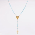 Detailed view of gold rosary necklace with blue crystal beads and St. Benedict medal - Lake Blue