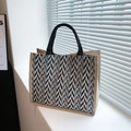 Tote bag with black and white zigzag pattern and natural jute sides with black handles - Black