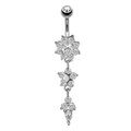 Detailed macro view of silver belly button ring with sparkling zircon heart and stars - Style 9-Triple Floral Star