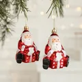 Two red glitter Santa Claus ornaments on green branches for Christmas decor - Santa Claus Style E (Set of 2)