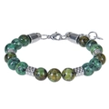 Close-up of 8mm tiger eye beads and stainless steel lobster clasp on a men's bracelet - African Pine Stone Bracelet