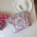 Detailed close-up of floral liberty print cotton makeup bag with simple wish label - Rose Pink Small Floral