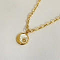 Detail of 18k gold plated sun and moon coin necklace with mother of pearl and zircon inlay - Moon 45 + 5cm