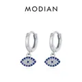 S925 sterling silver geometric evil eye hoop earrings with blue zircon inlays - Eye Studs (RHE1969)
