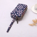 Three-layer navy canvas clutch bag with pink heart patterns and wrist strap - Small Heart