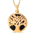 Golden Tree of Life necklace pendant with black background on a minimalist chain - Gold Round Hollow Tree of Life Black Inlay Style (KP49811-K)