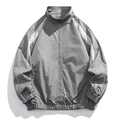 Men's dark grey windbreaker with cream white stripes and stand-up collar design - S / Gray