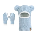 Light blue children's knitted balaclava hat with dual pom-poms and matching gloves set - Two-tone Light Green