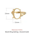Adjustable S925 sterling silver ring mount in antique gold finish with zircon, size 11x15mm - Antique Gold (11*15mm)