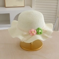 Kids straw sun hat in cream white featuring crochet flowers and lace ribbon bow detail - Set-Cream White